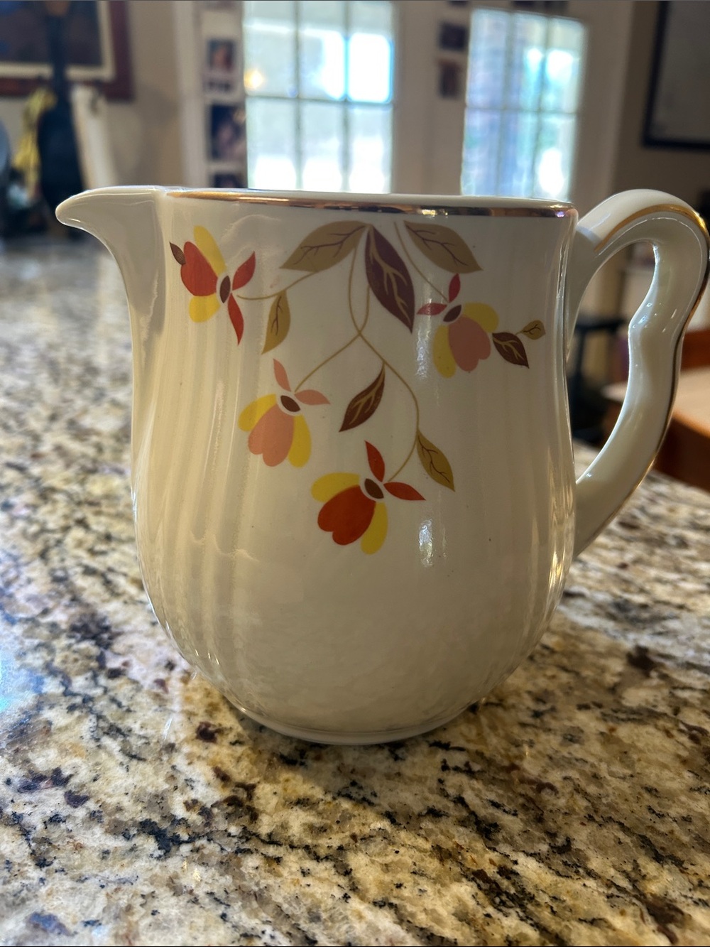 Vintage Hall’s Jewel Tea Autumn Leaf Pattern Ceramic Pitcher with Gold Trim